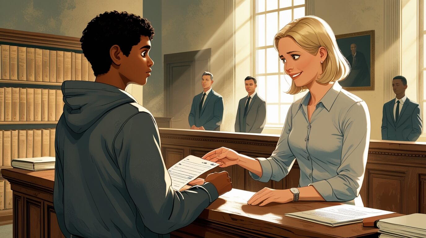 Person filing restraining order paperwork at a courthouse for legal protection.