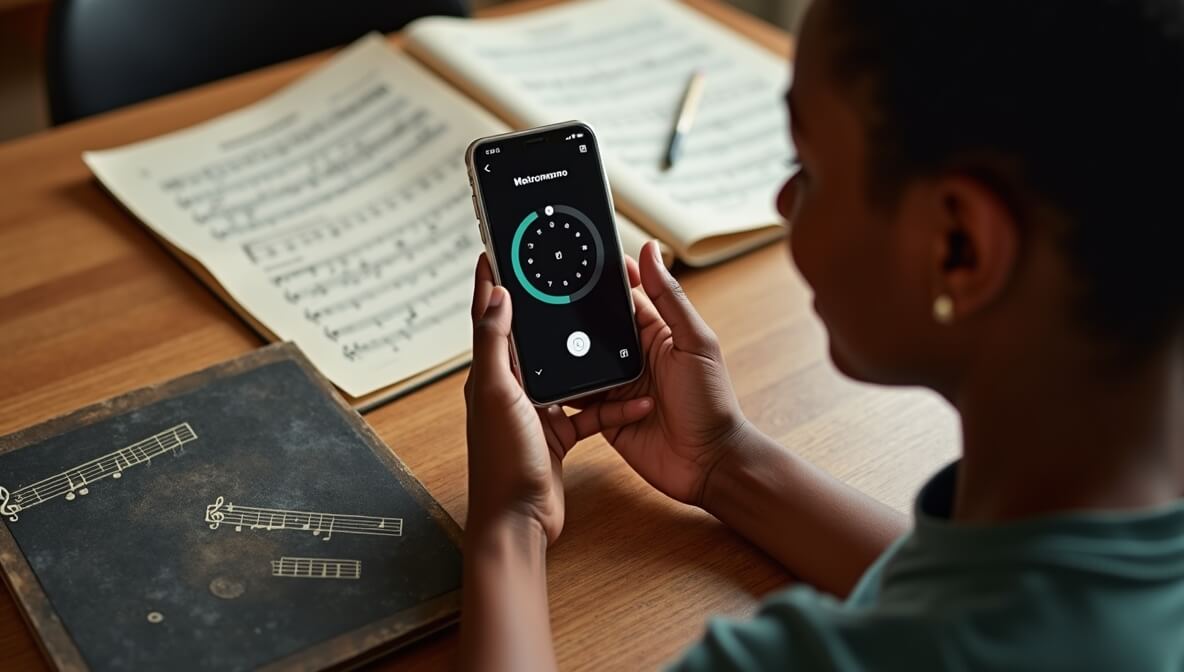 Musician practicing rhythm with a metronome and drum pad, focusing on timing and groove.