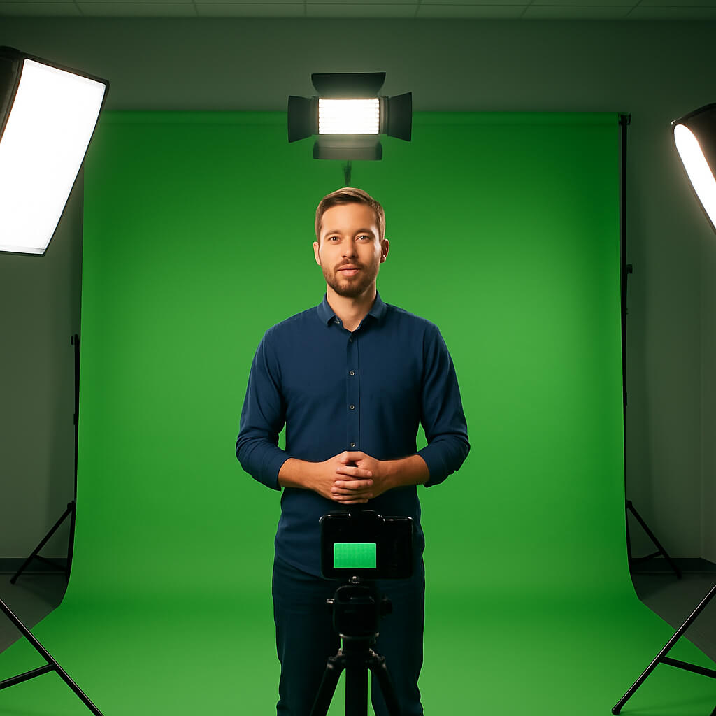 Professional green screen photography setup with softboxes and LED lights in a studio.
