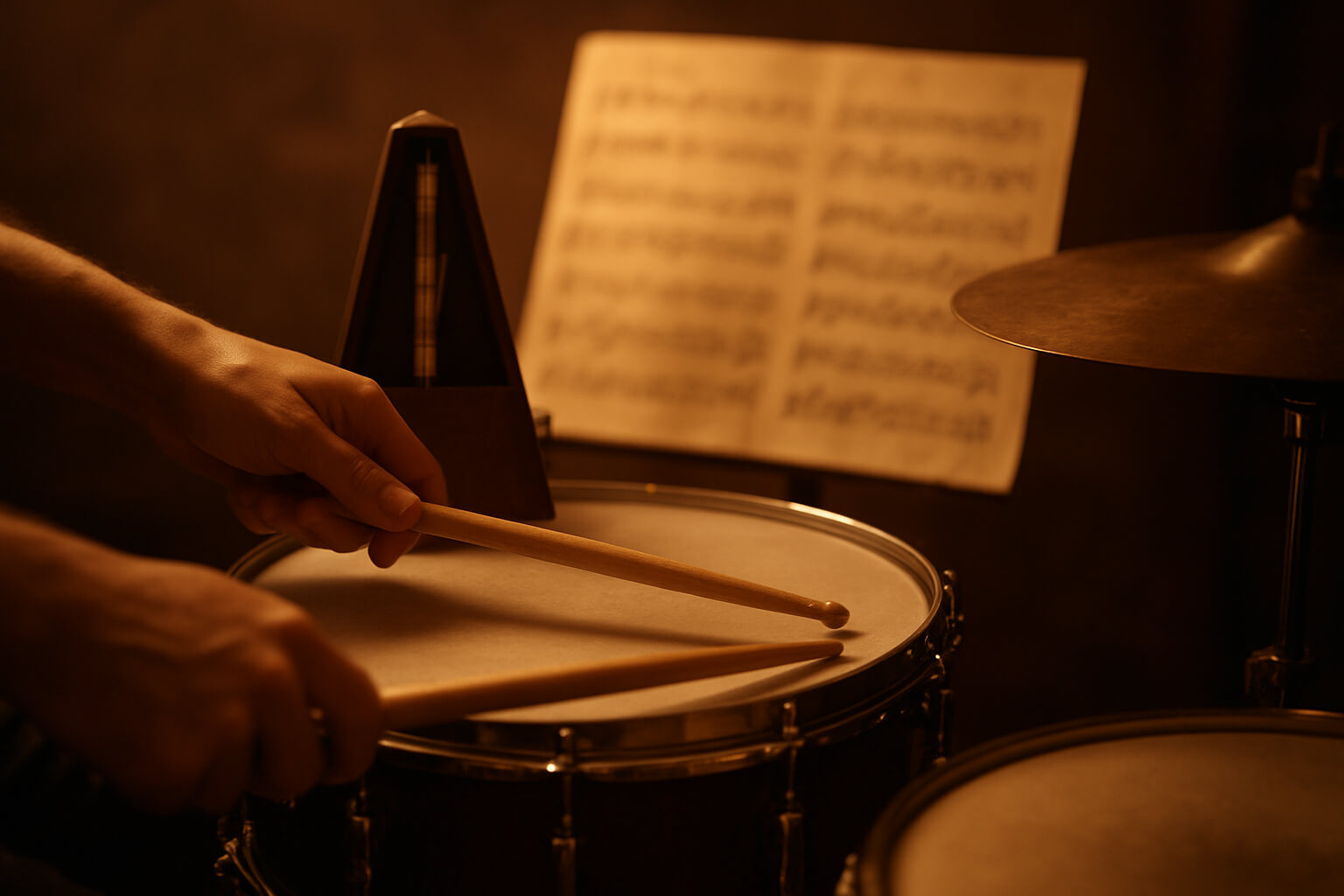 Drummer practicing rhythm and timing with metronome and sheet music.
