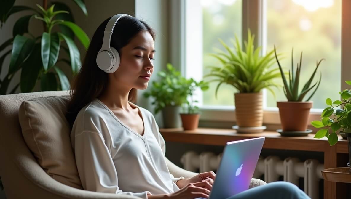 A person using music and headphones for stress relief while relaxing at home with a peaceful ambiance.