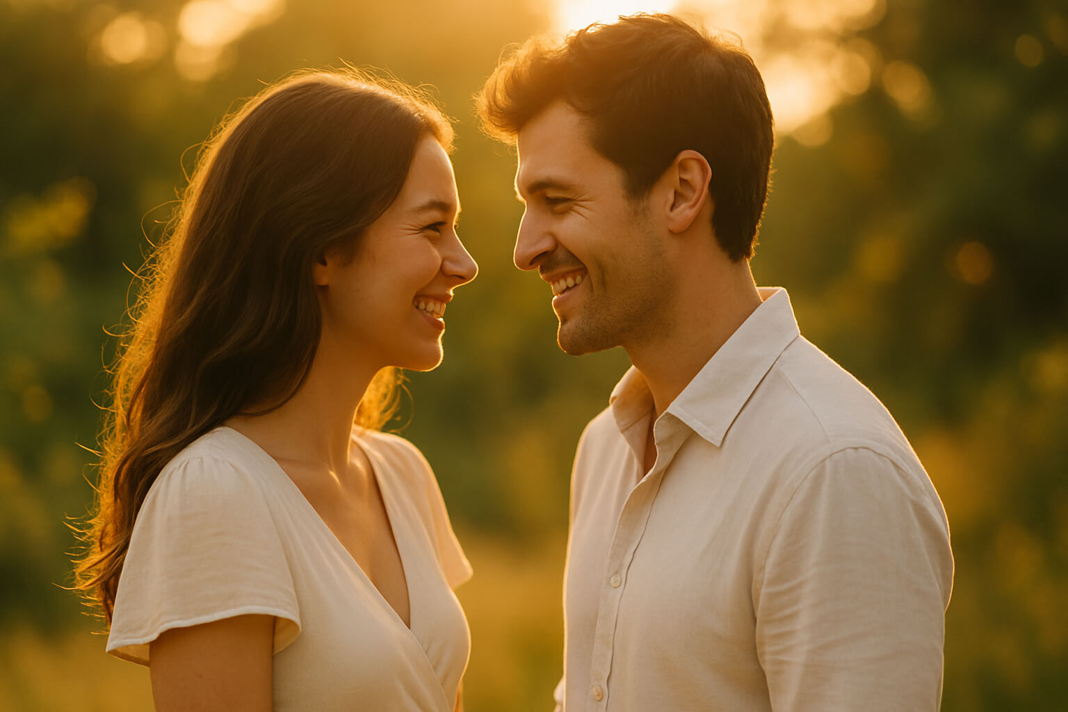 Romantic couple posing under golden hour sunlight with soft bokeh.