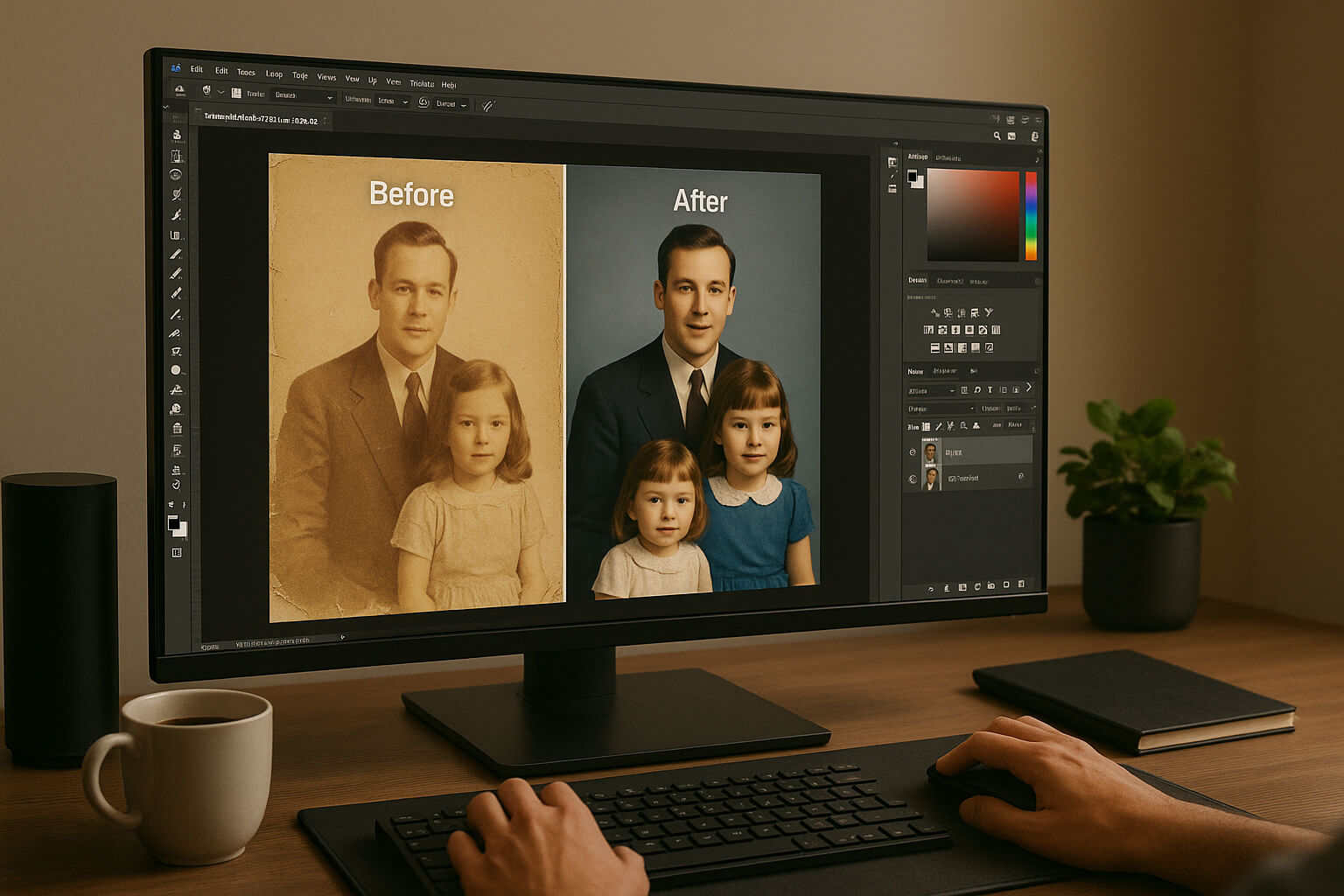 Before and after of an old photo restored using Photoshop in a digital workspace.