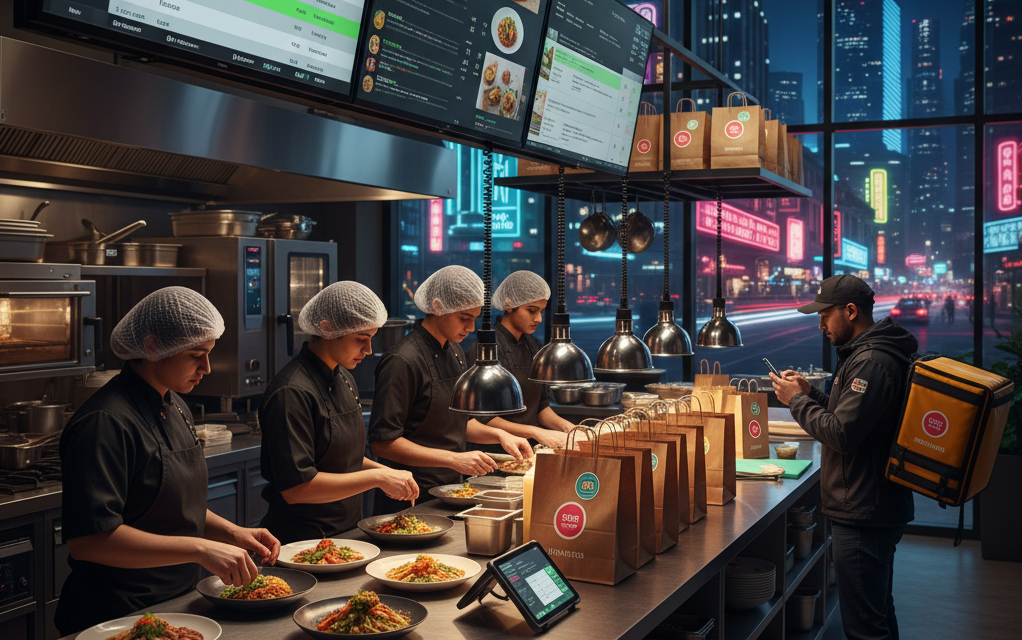Restaurant staff coordinating food delivery orders using tablets and delivery apps in a modern kitchen.