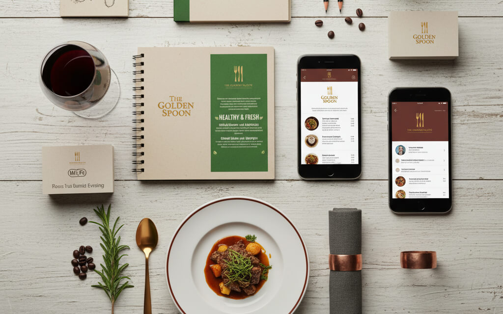 Restaurant branding concept with logo sketches, menus, and digital screens showing consistent identity