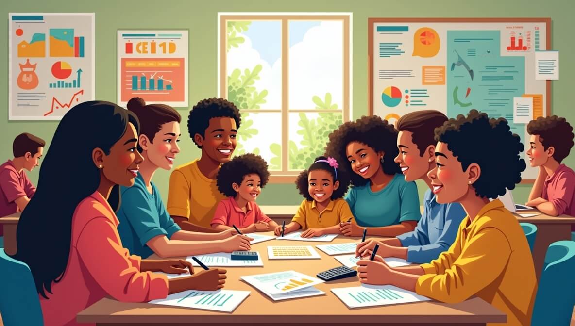 Families from low-income communities attending a financial education workshop to learn budgeting and money management skills.