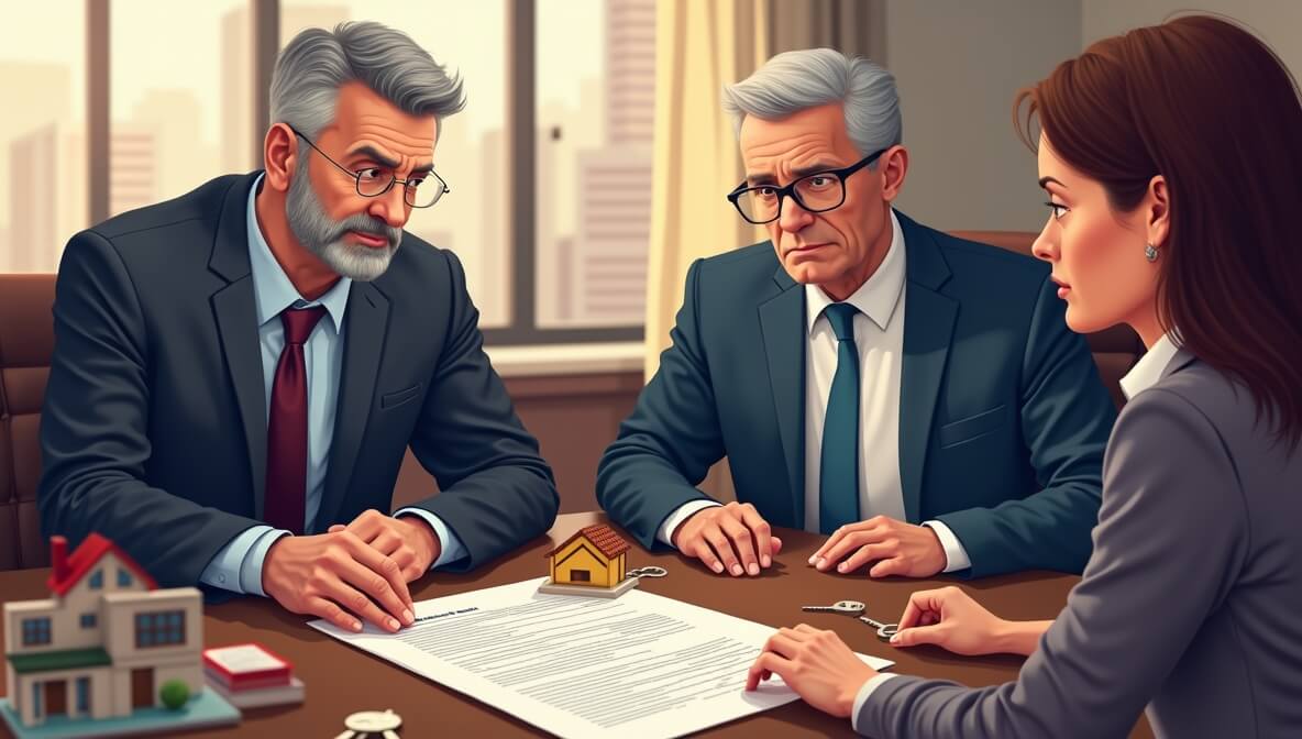 Real estate lawyer reviewing a property contract with clients before closing.