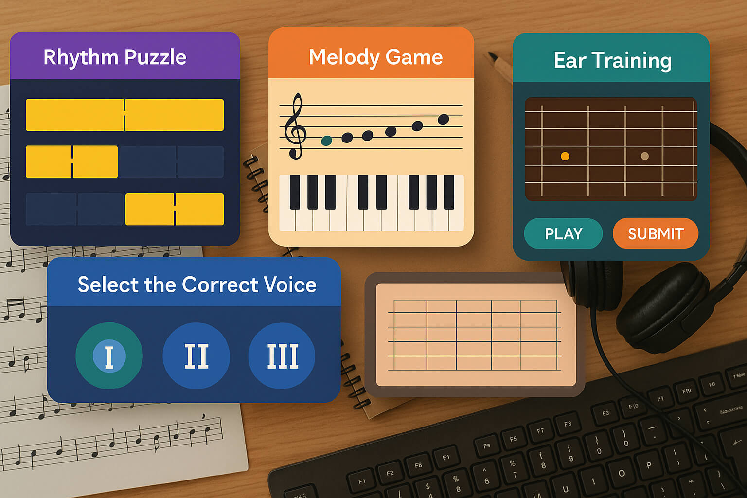 Collage of ear training games and interface screenshots to improve musical listening skills.