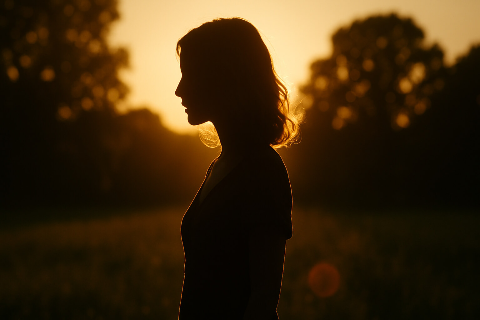 Silhouette portrait with golden backlighting and lens flare during sunset in a natural outdoor setting.