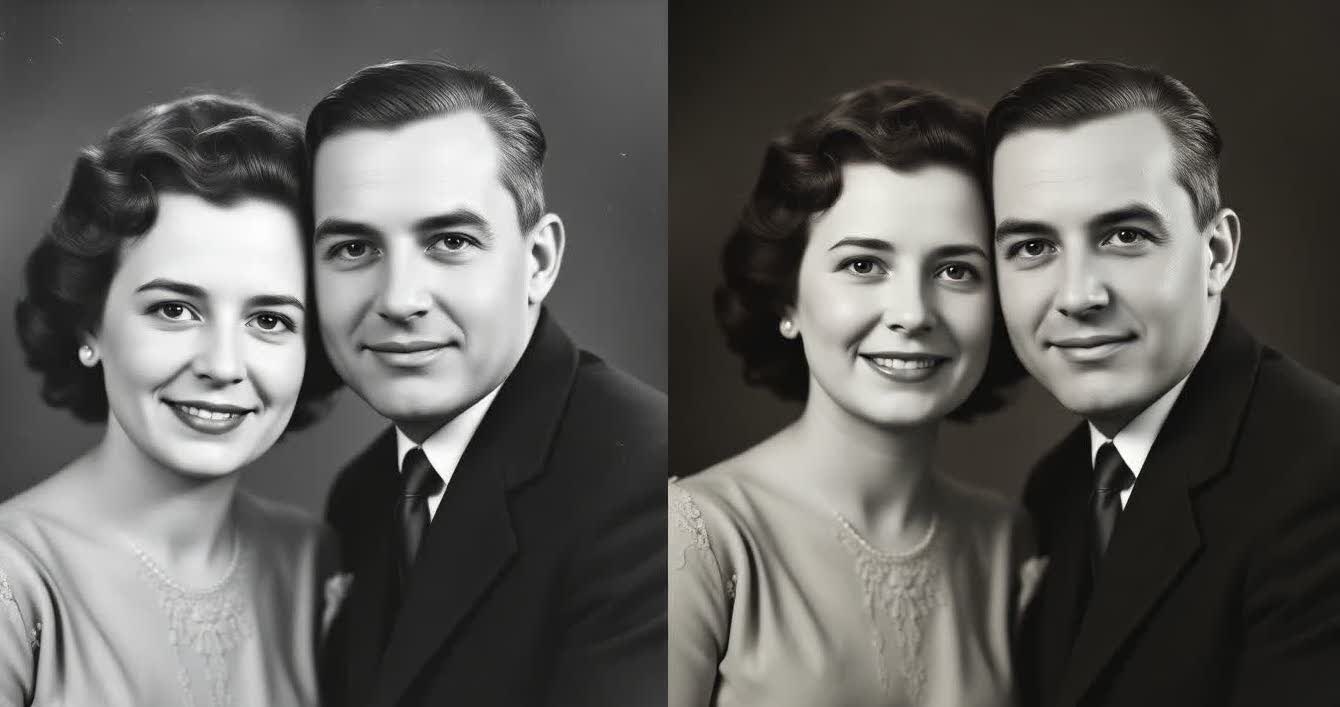 Before and after image showing digital restoration of an old black-and-white photo to a vibrant colored version.