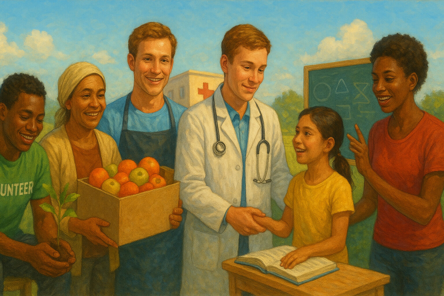 Non-profit volunteers working together to address global challenges like poverty, education, healthcare, and climate change.