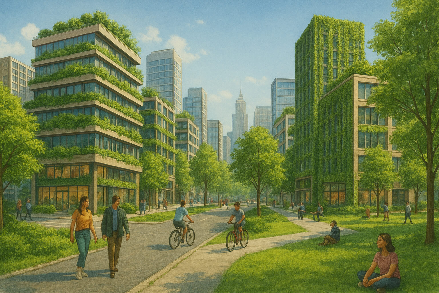 Urban greening project with trees, rooftop gardens, and a community park improving air quality and city life.