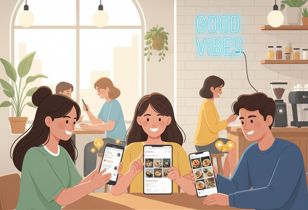 Gen Z diners using smartphones to search menus, reviews, and restaurant websites before choosing where to eat.