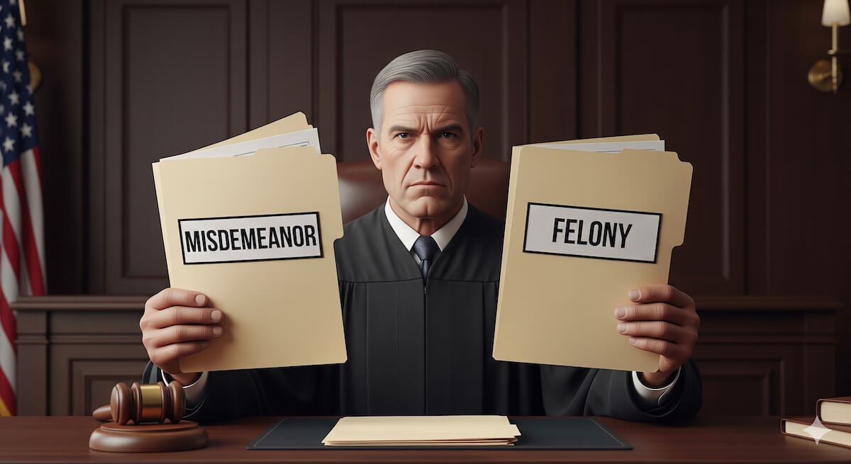 Judge separates misdemeanor and felony case files in a courtroom.