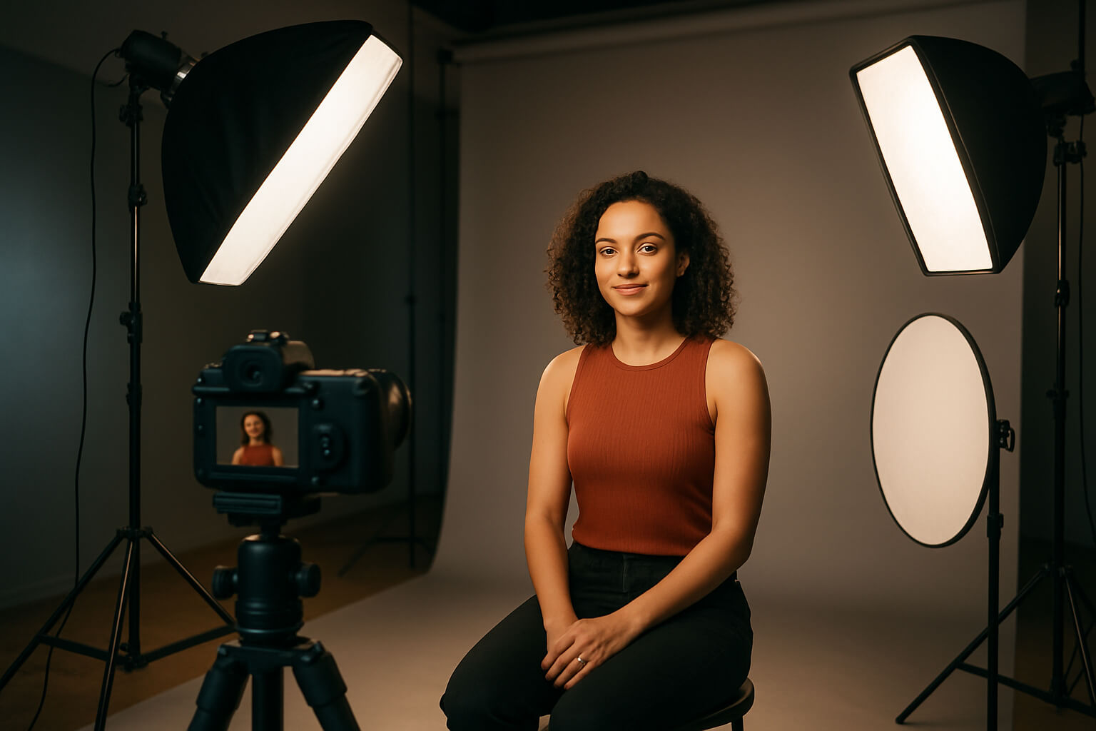 Studio portrait photography setup with camera, softboxes, reflectors, and model posing under professional lighting.
