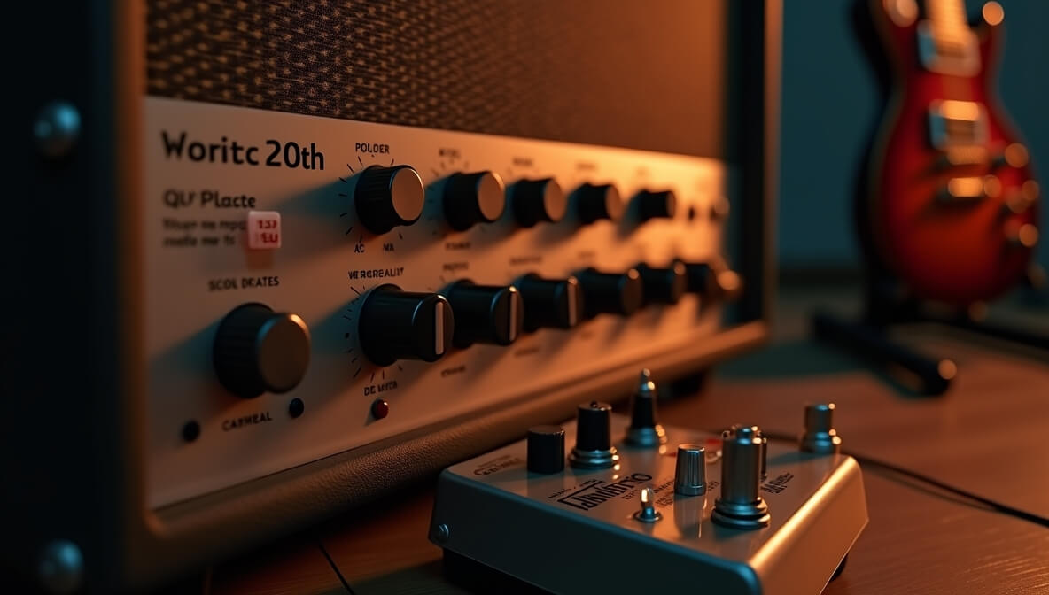 Guitarist adjusting amp EQ to shape tone with pedalboard and vintage guitar in background.