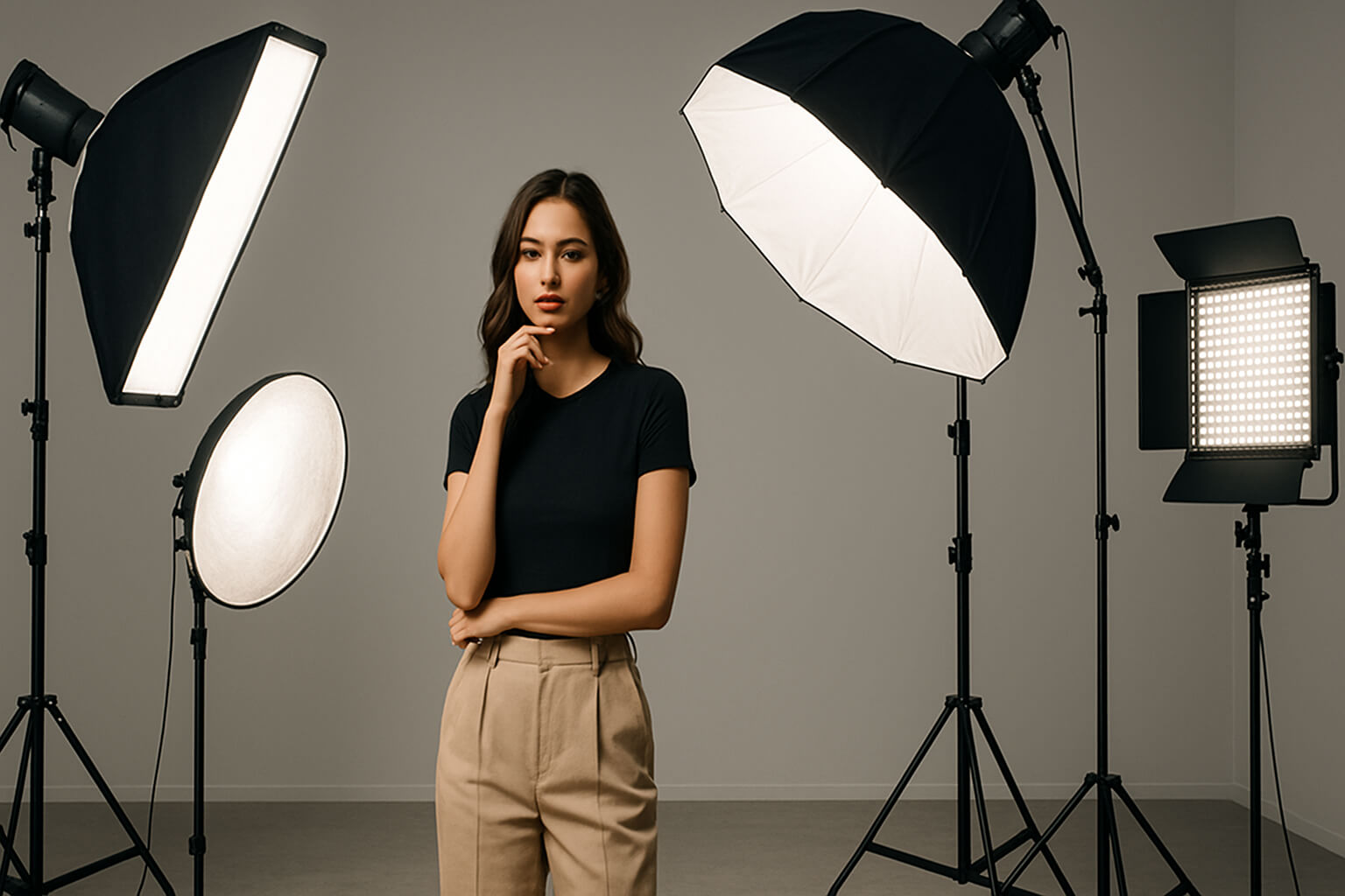 Multiple lighting setups in professional photo studio with softboxes, LEDs, and reflectors.