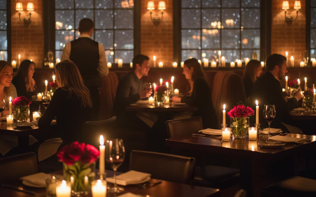 Romantic restaurant setting with candlelight, roses, and warm lighting for couples enjoying a cozy dinner