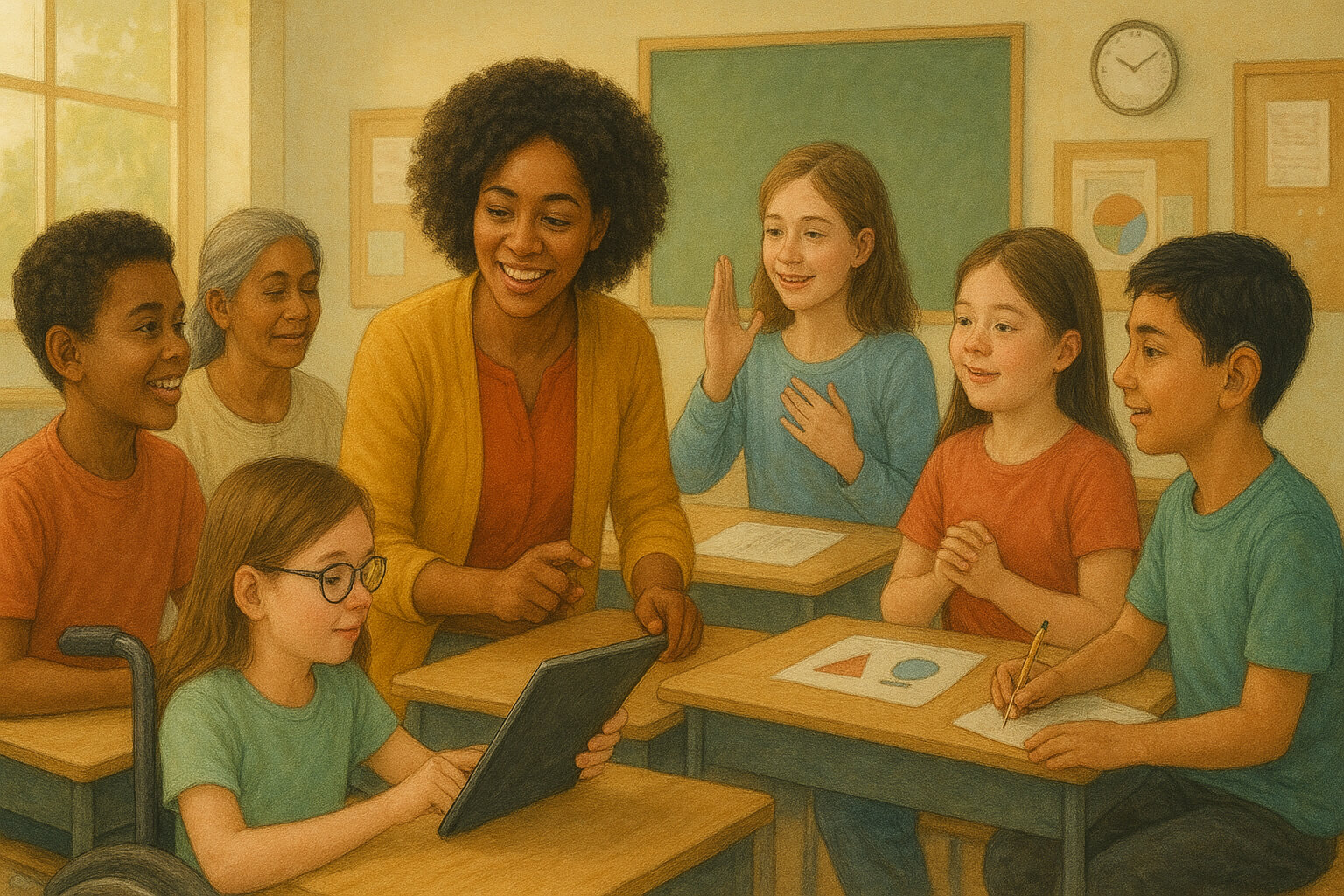 Inclusive classroom with teacher supporting students with special needs using adaptive tools and resources.