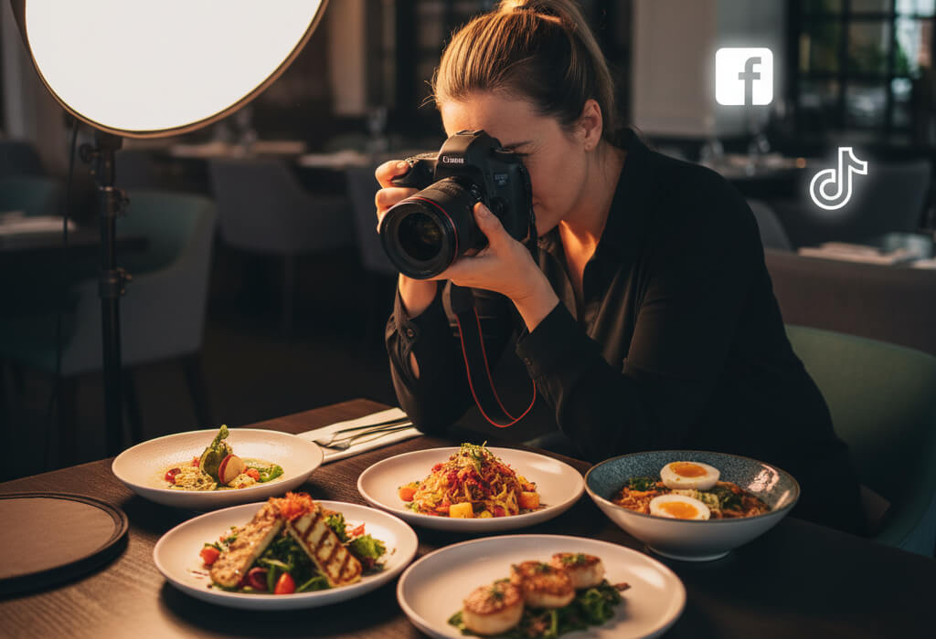 Professional food photographer taking vibrant, styled dish photos for a restaurant website and social media.