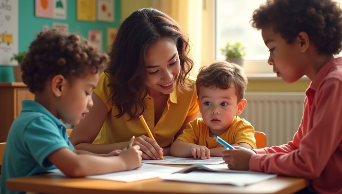 Teacher supporting a child with learning disabilities using assistive tools in an inclusive classroom.