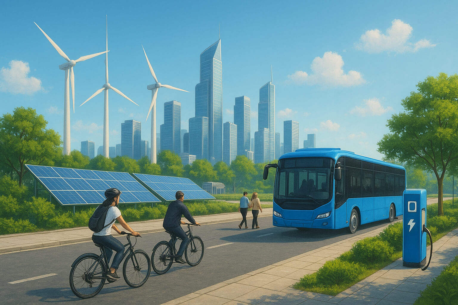 Illustration of sustainable transportation options including bicycles, electric buses, pedestrians, and EV charging stations in a green cityscape.