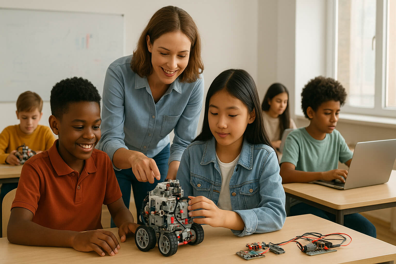 Students exploring robotics, coding, and engineering projects in a STEM-focused classroom.