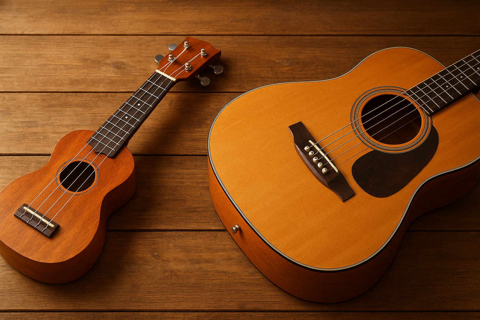 Side-by-side comparison of a ukulele and acoustic guitar on a wooden table, highlighting their size differences.