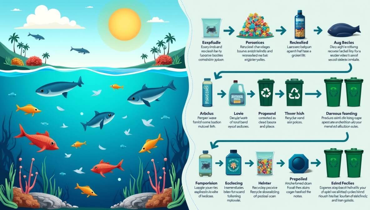 Infographic showing plastic pollution in oceans and the recycling process for reducing environmental impact
