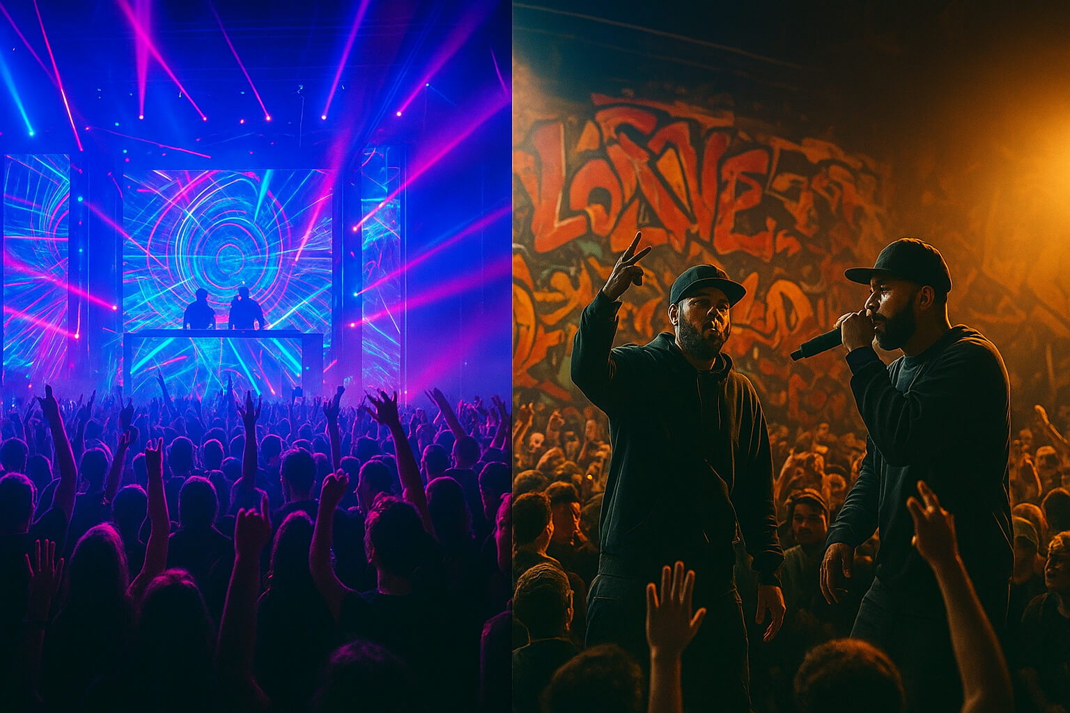 EDM vs Hip-Hop concerts in 2025 showing fans at a festival and a rap performance, representing the global popularity battle.