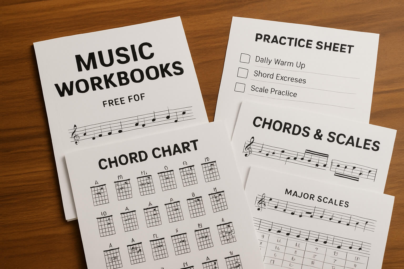 Collection of free music learning PDF workbooks and practice sheets laid out on a desk, representing self-study resources for beginner musicians.