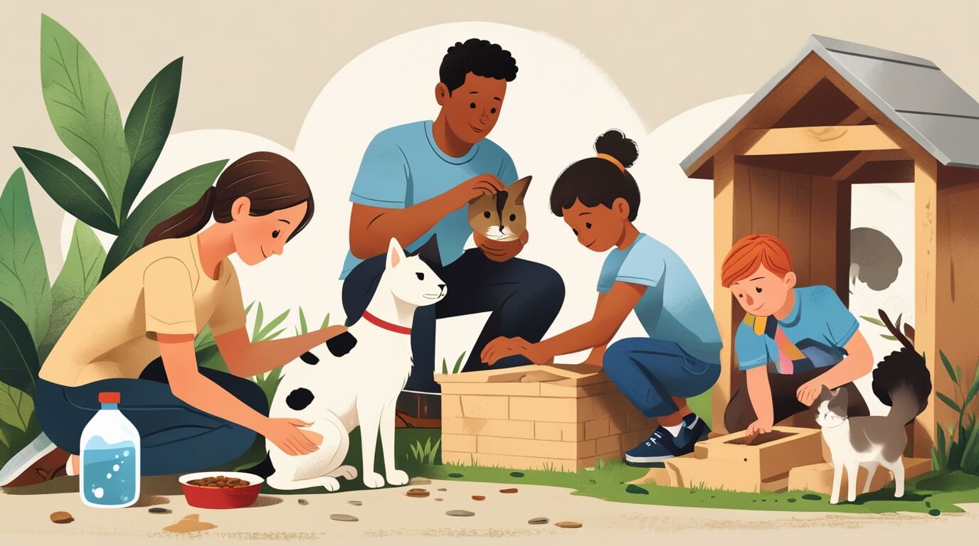 Community members providing food, water, and shelter for stray animals while supporting animal welfare efforts.