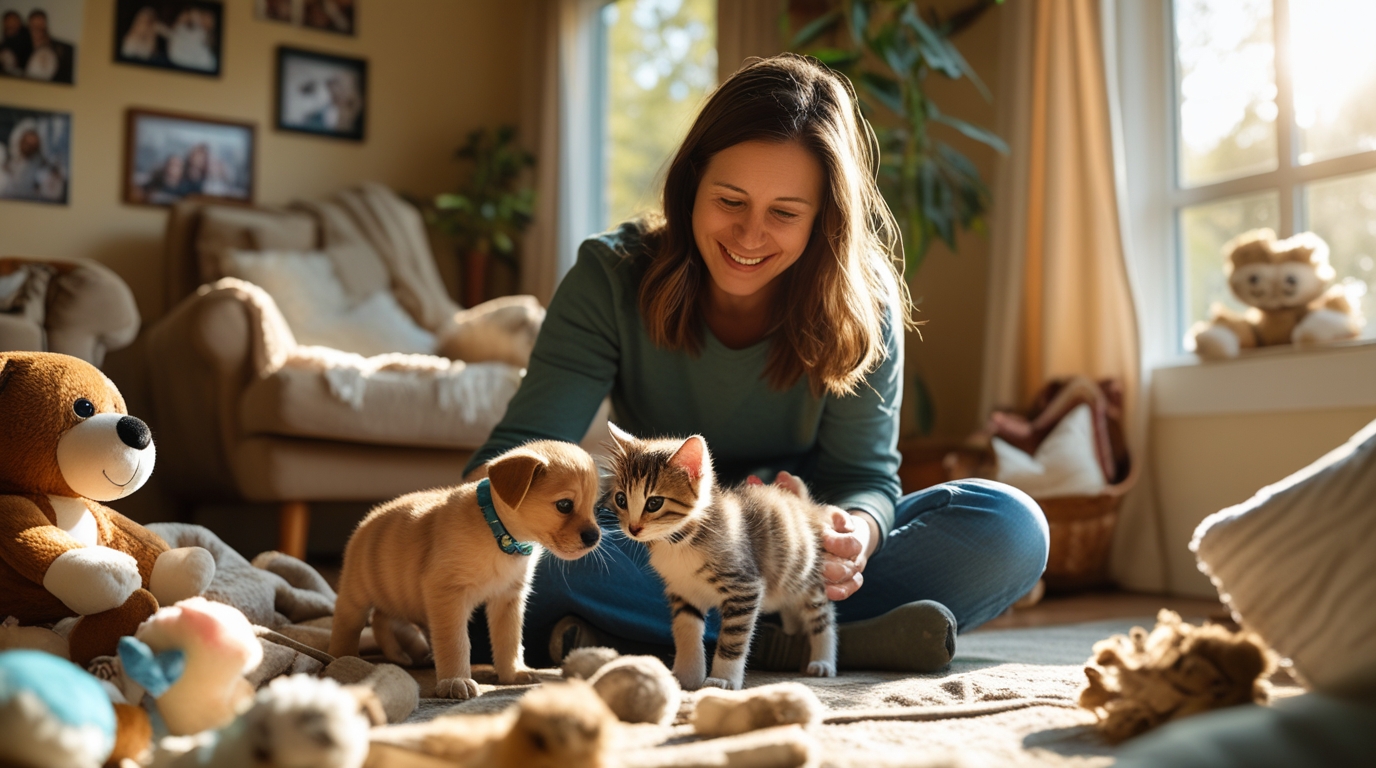 Foster parent playing with a foster puppy and kitten in a cozy home setting.