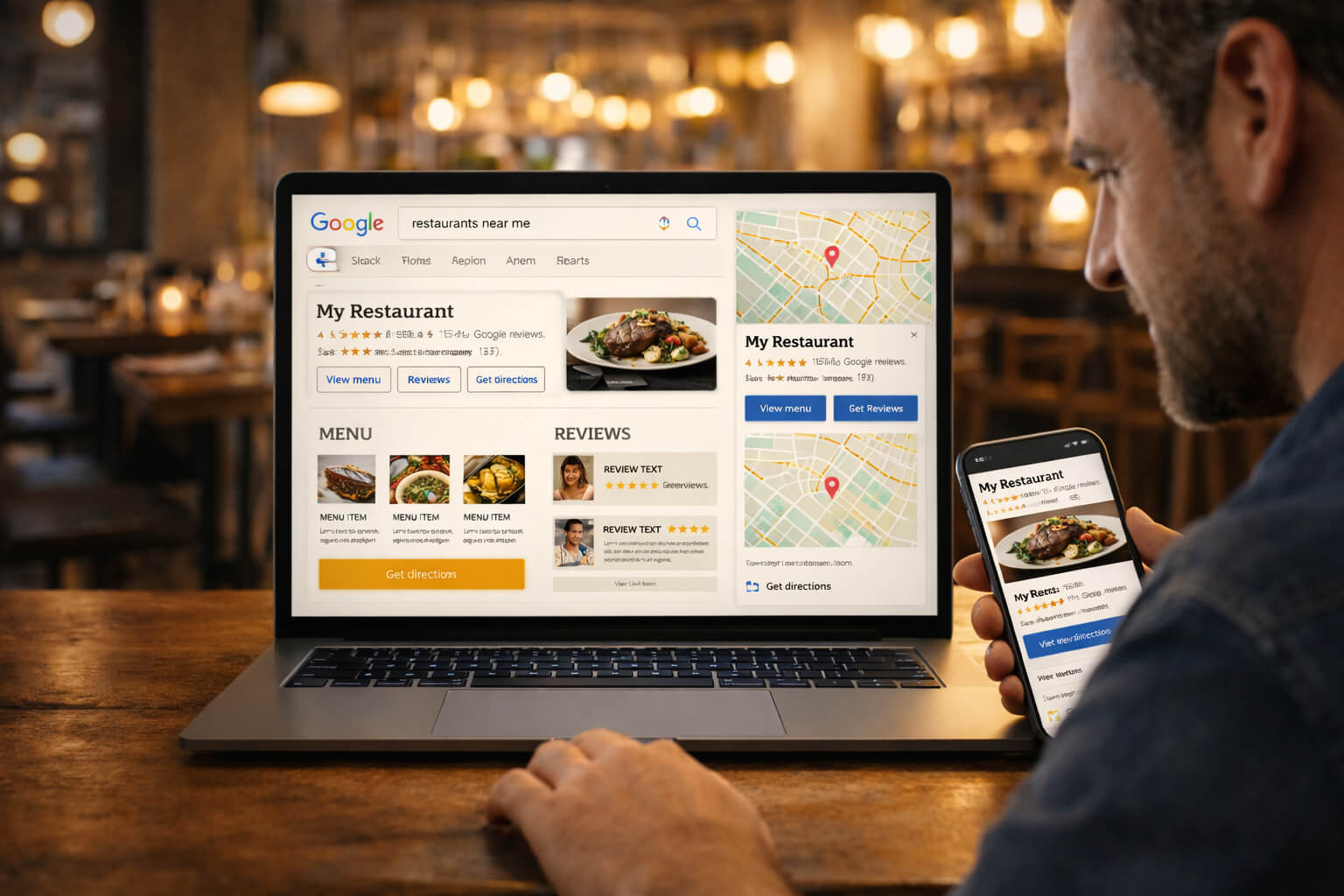 Restaurant SEO strategy showing a restaurant ranking in Google Maps and local search results.