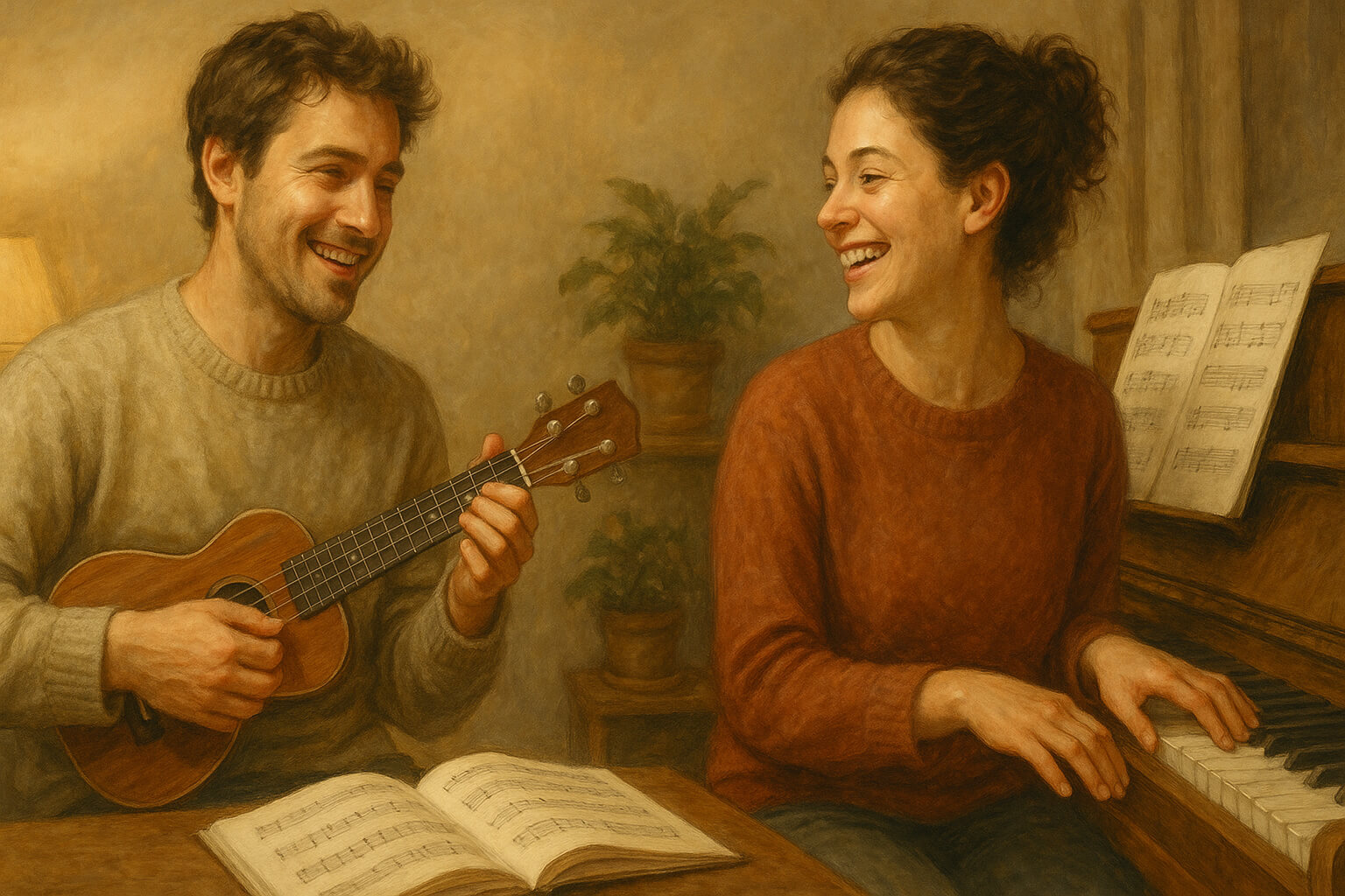 Beginner practicing ukulele outdoors and another beginner learning piano indoors, representing different music learning journeys.