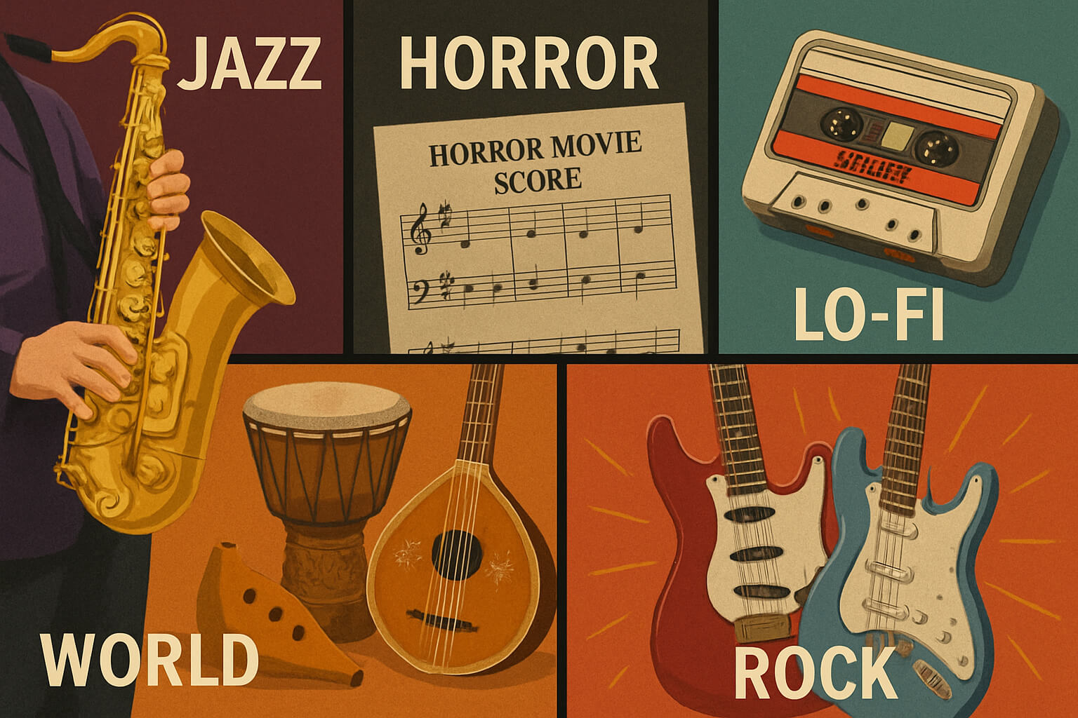 Collage of royalty-free music genres including jazz, horror, lo-fi, world music, and metal.