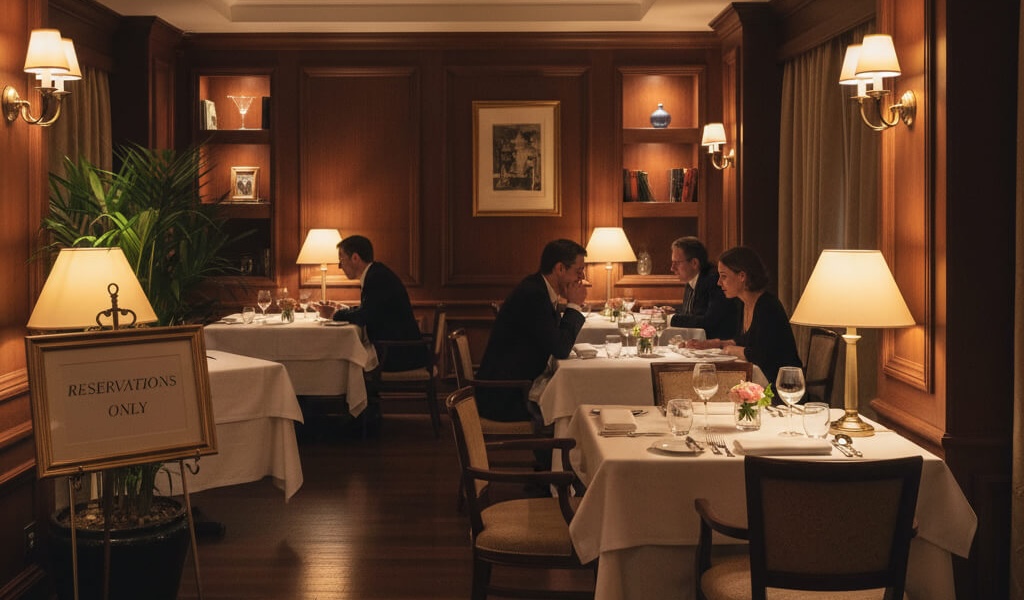Elegant restaurant with limited seating and warm lighting, showcasing exclusivity and premium dining experience.