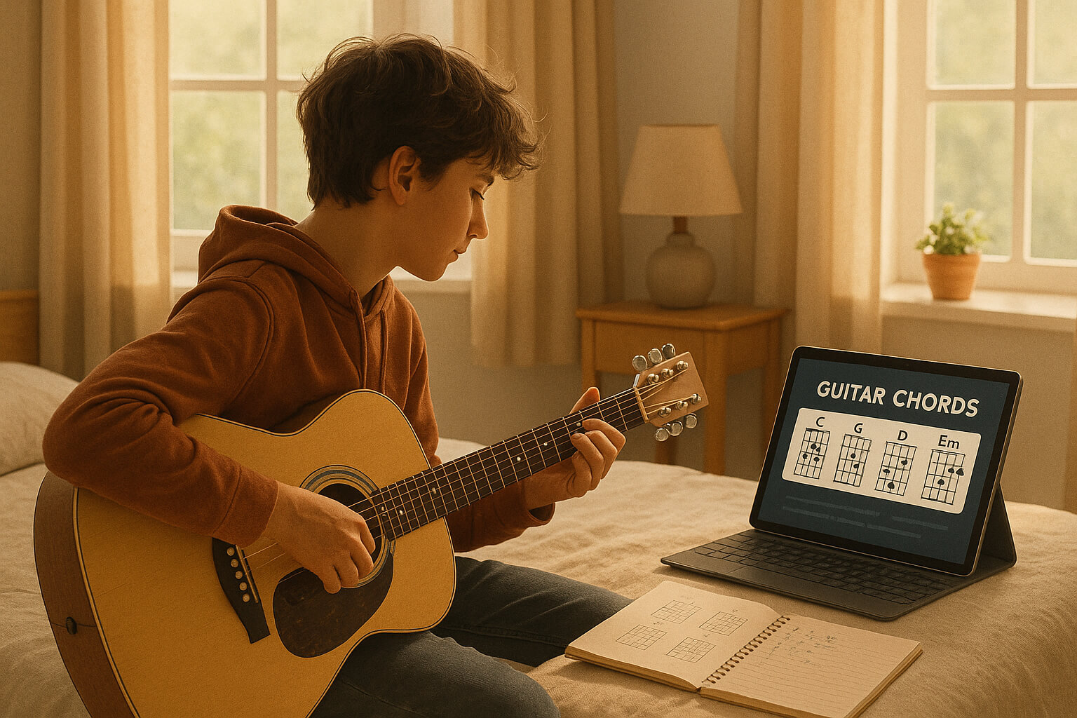 A beginner learning to play guitar using an online lesson and a printed chord chart in a cozy home setup.