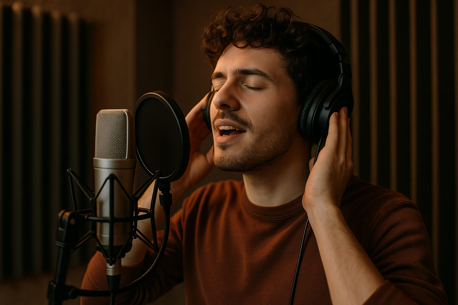 A confident vocalist recording in a home studio with headphones and professional microphone setup.