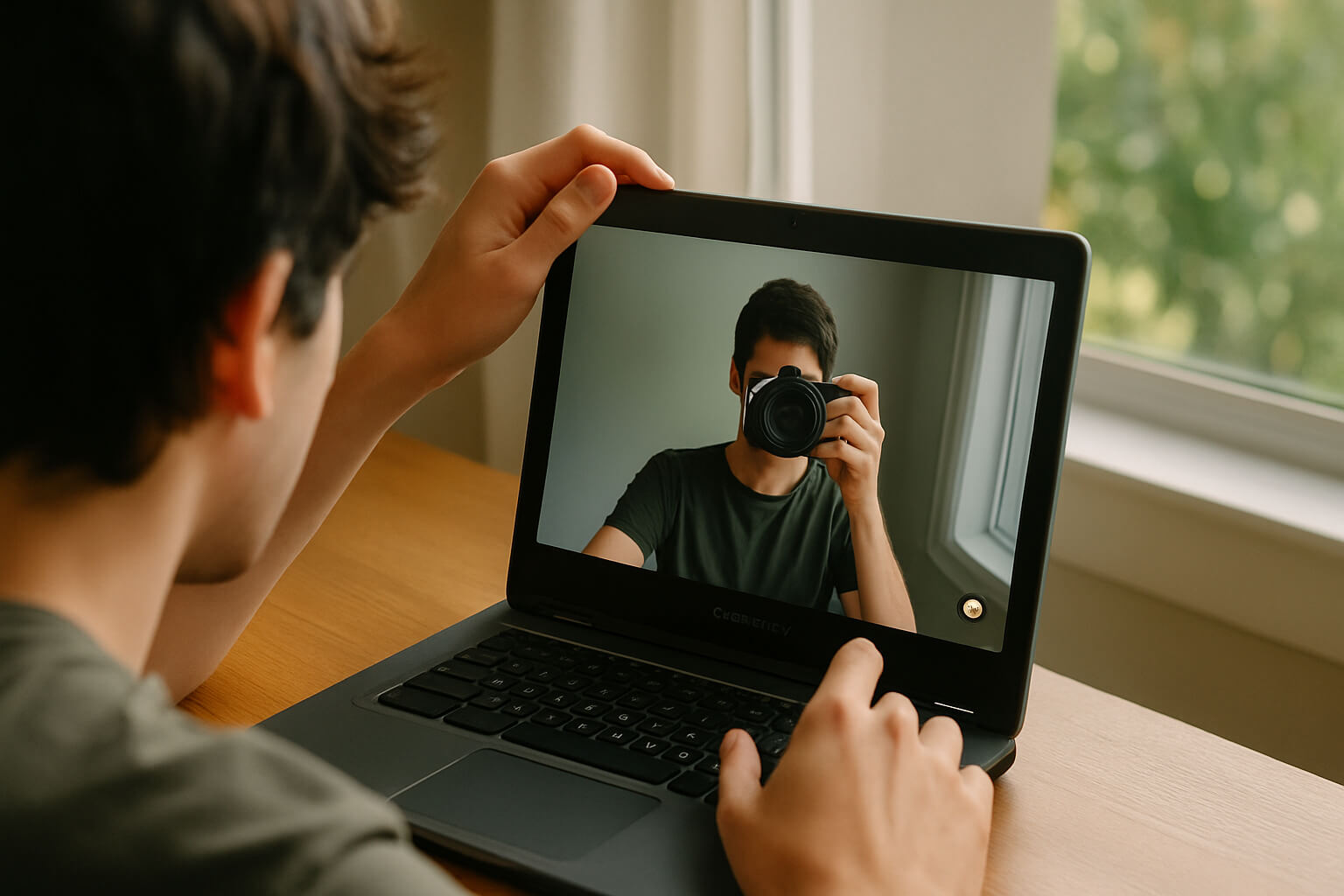 Person taking a photo on a Chromebook, with natural lighting from a nearby window