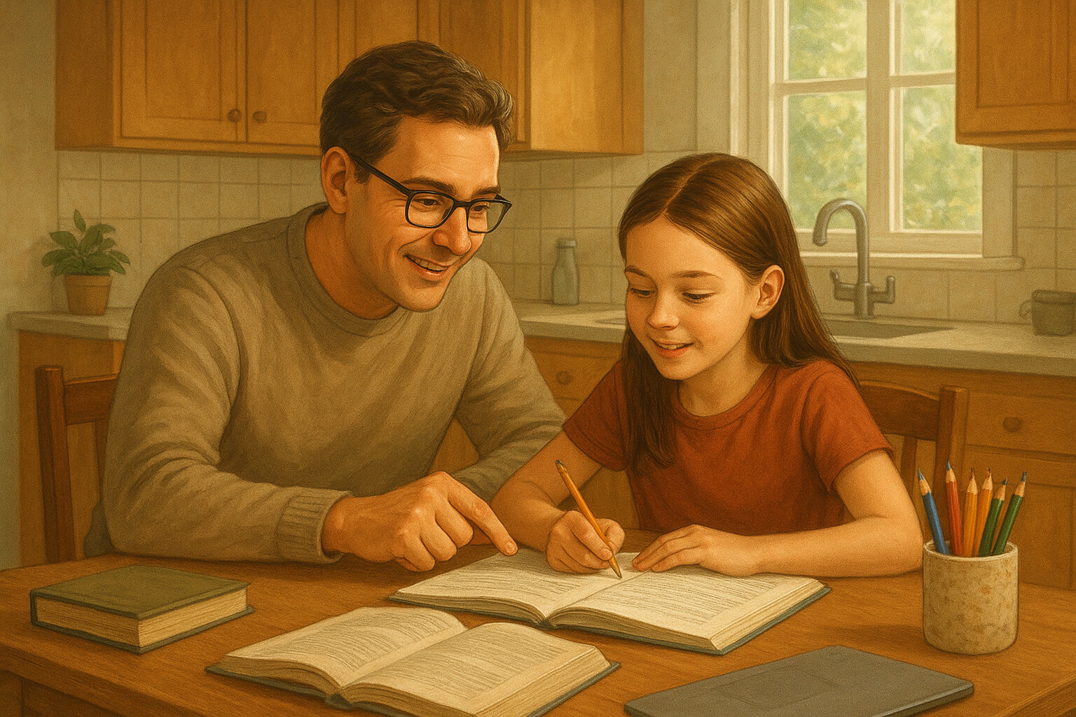 Parents helping their child with homework at home, showing active involvement in education and learning.