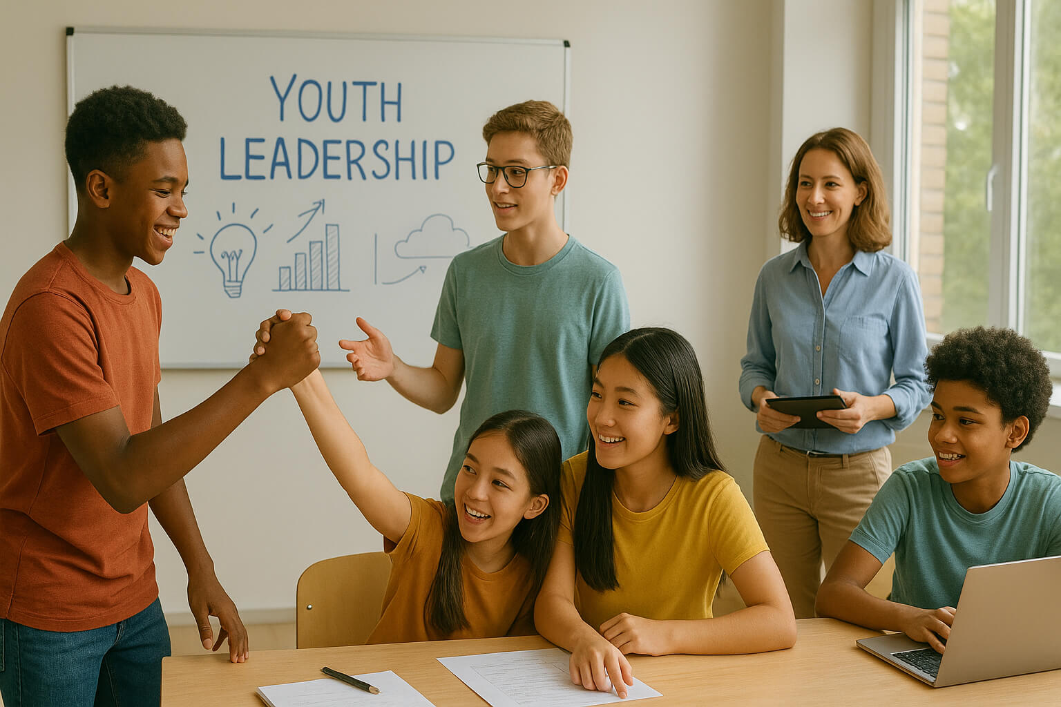 Teenagers participating in a youth leadership program with teamwork and mentorship activities.