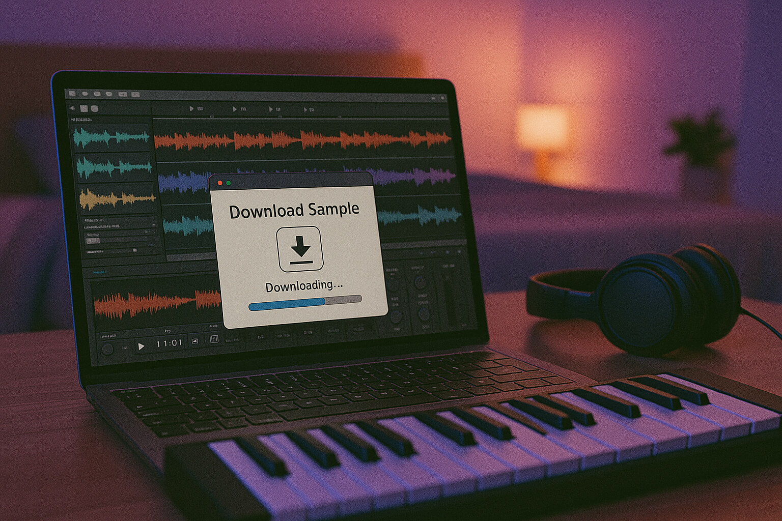 Music producer’s home studio with DAW and free sample downloads on screen.