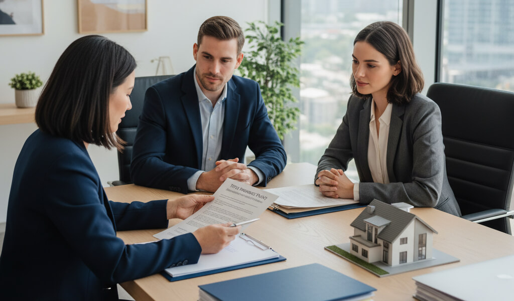 Couple consulting a lawyer about title insurance with house model and legal documents on the table.