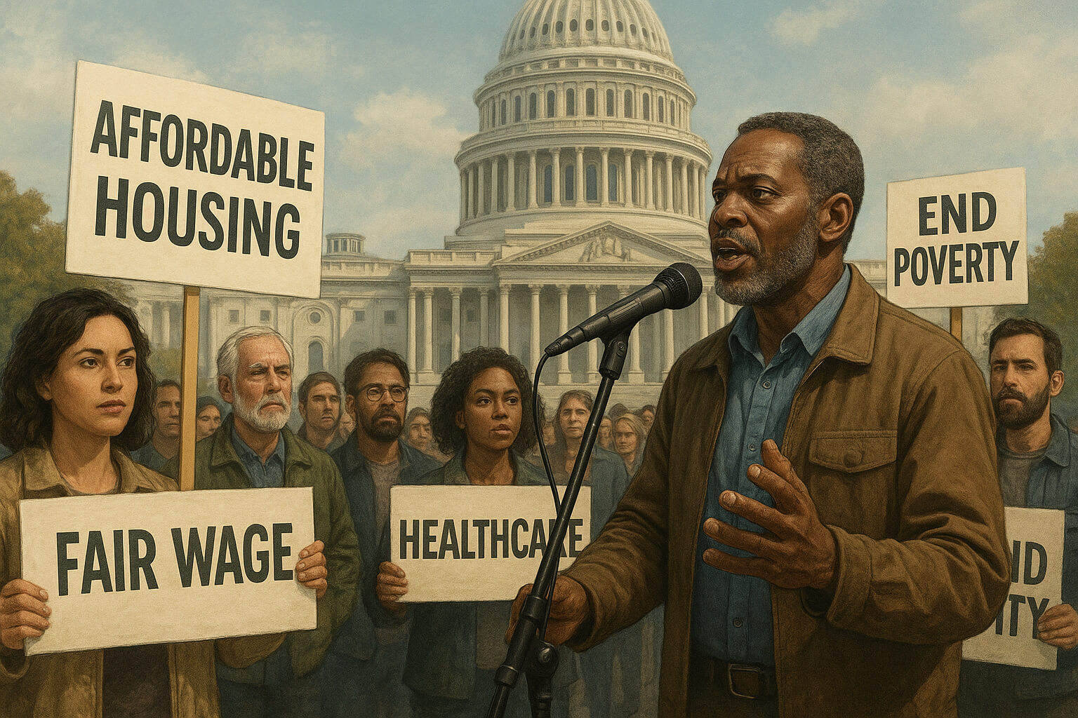 Advocates holding signs and speaking at a rally in front of a government building, calling for poverty reform policies.