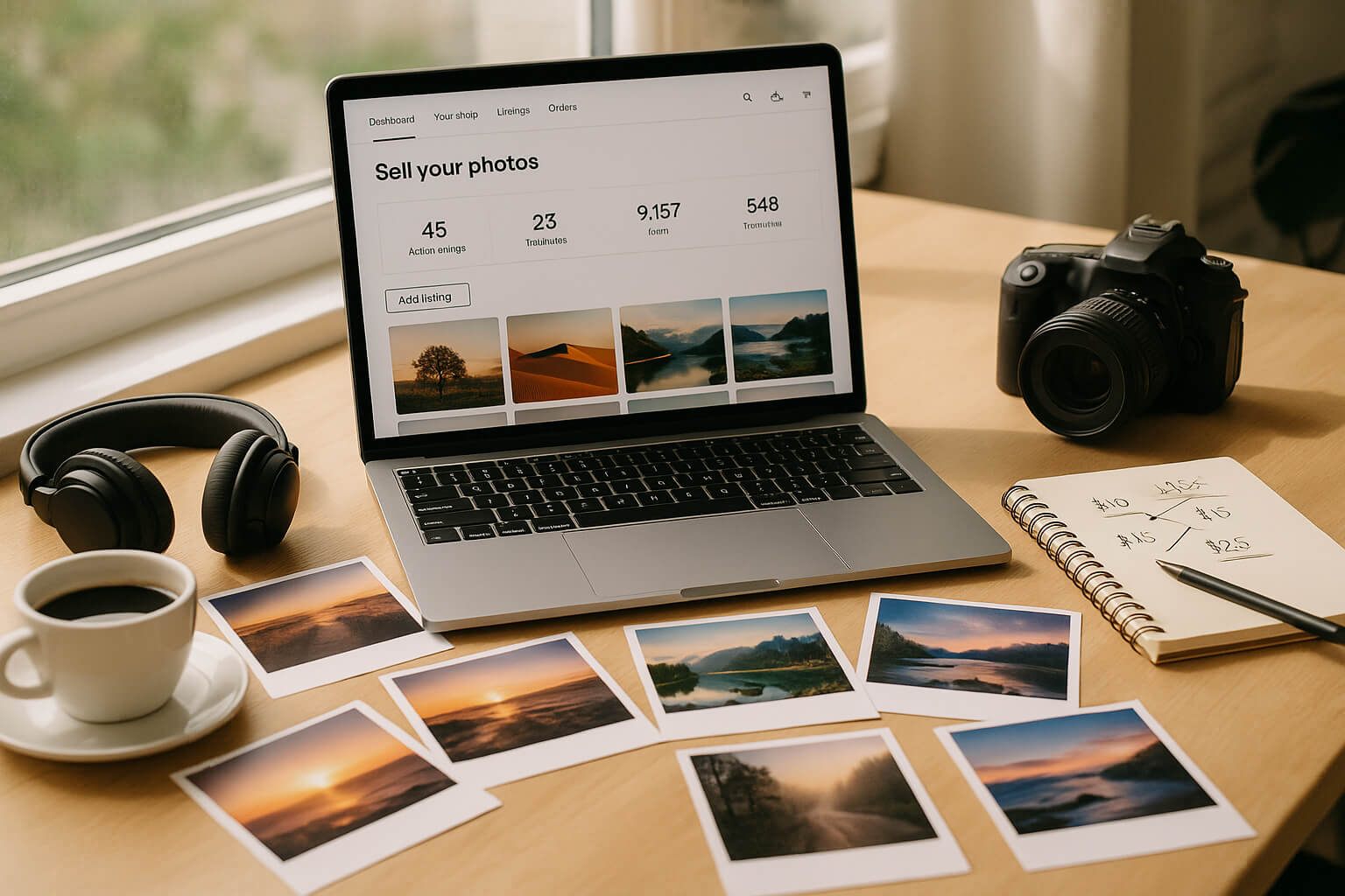 Workspace of a photographer preparing to sell photos online with laptop, camera, and printed photo samples