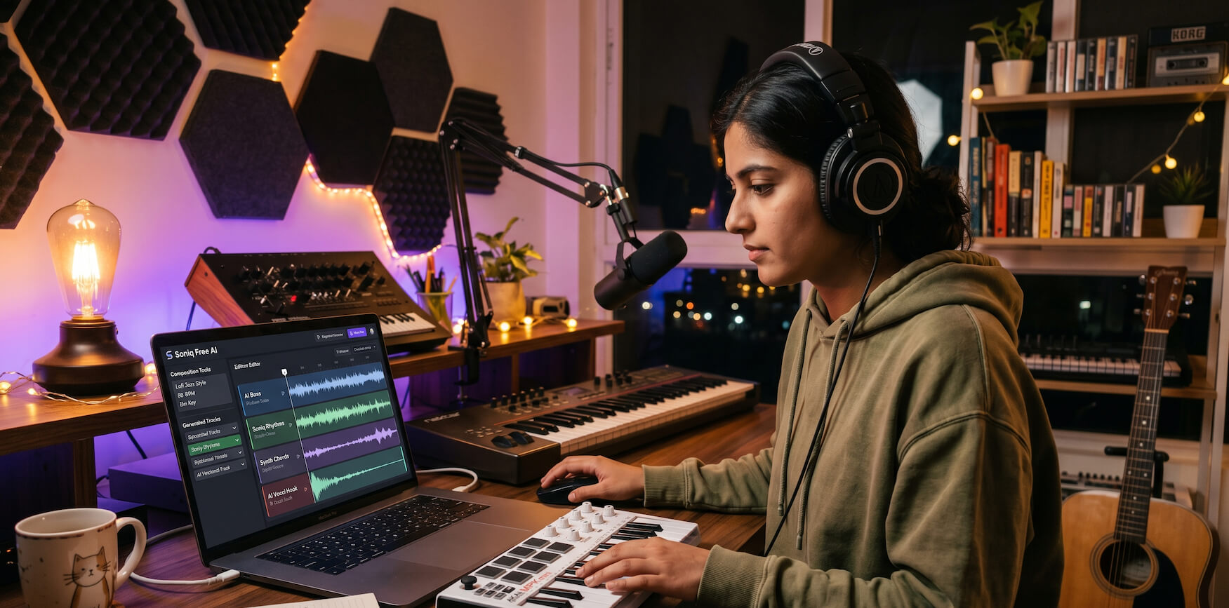 Musician using free AI tools to create and edit music at home