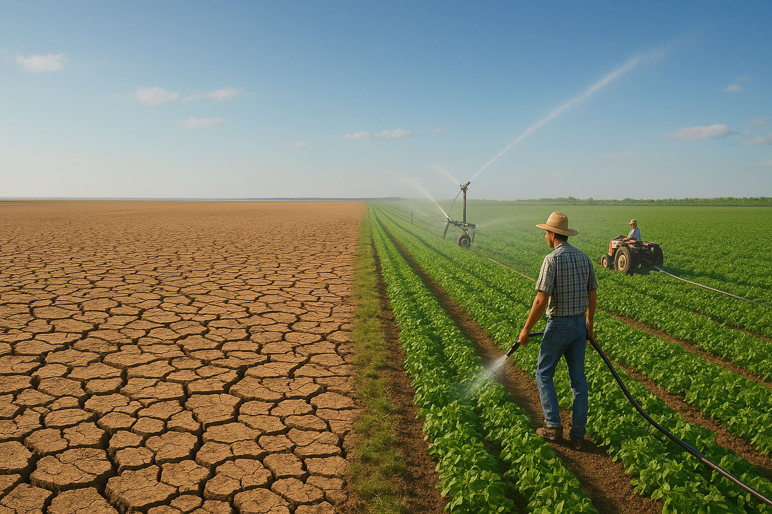 Contrast of dry cracked land and sustainable green farming, symbolizing water scarcity and sustainable agriculture solutions.