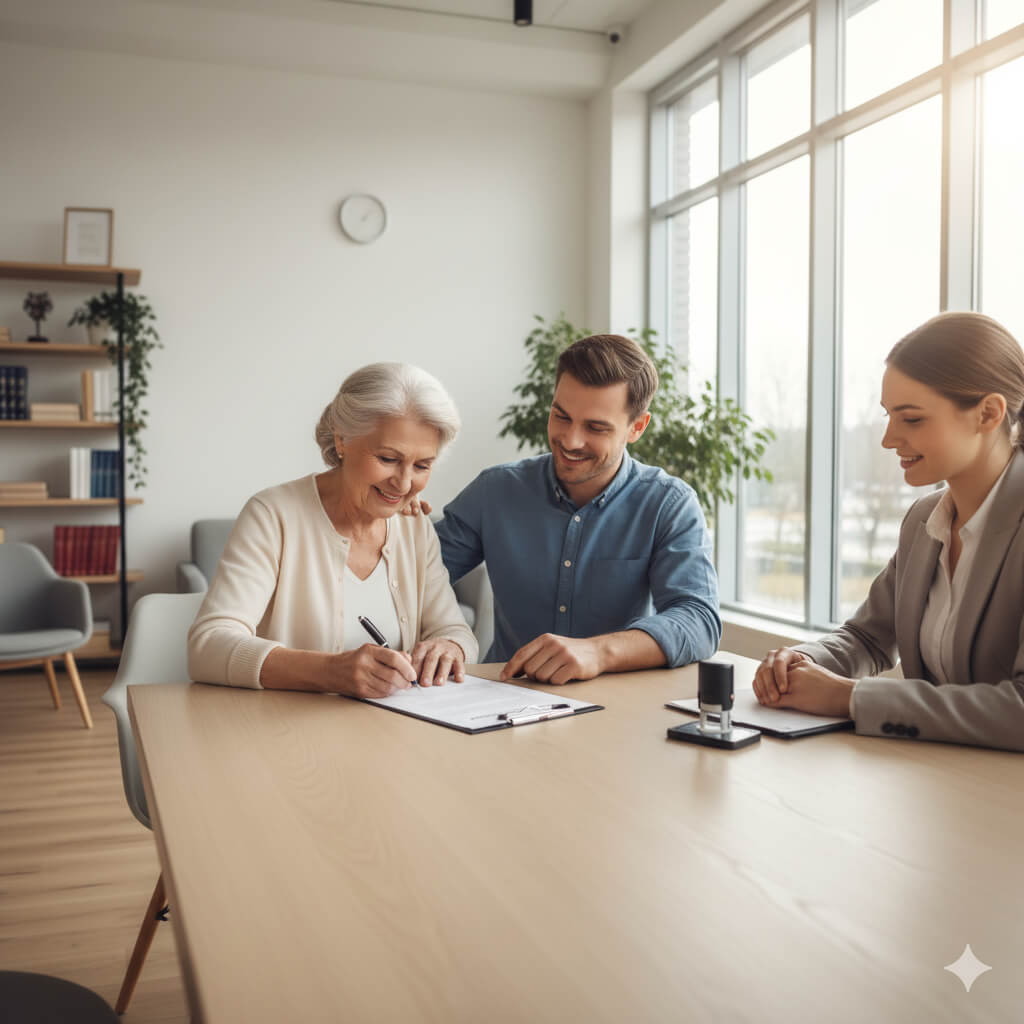 Elderly parent signing a durable financial power of attorney with family and an attorney present.