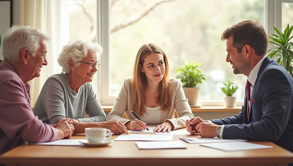 Elderly couple and adult daughter discussing a nursing home contract with an elder law attorney in a modern office.